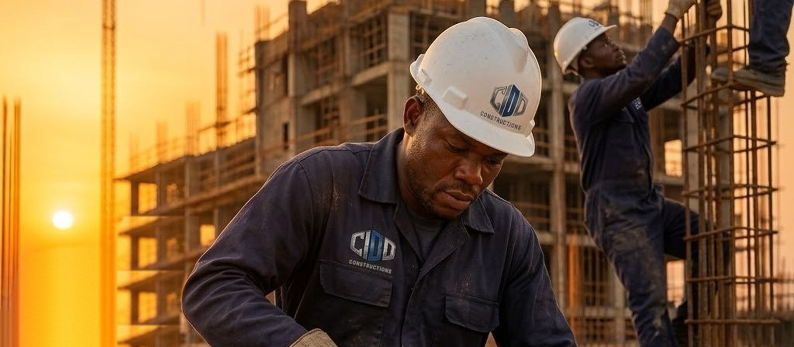 Construction crew fixing reinforcement on a concrete frame building in Lagos