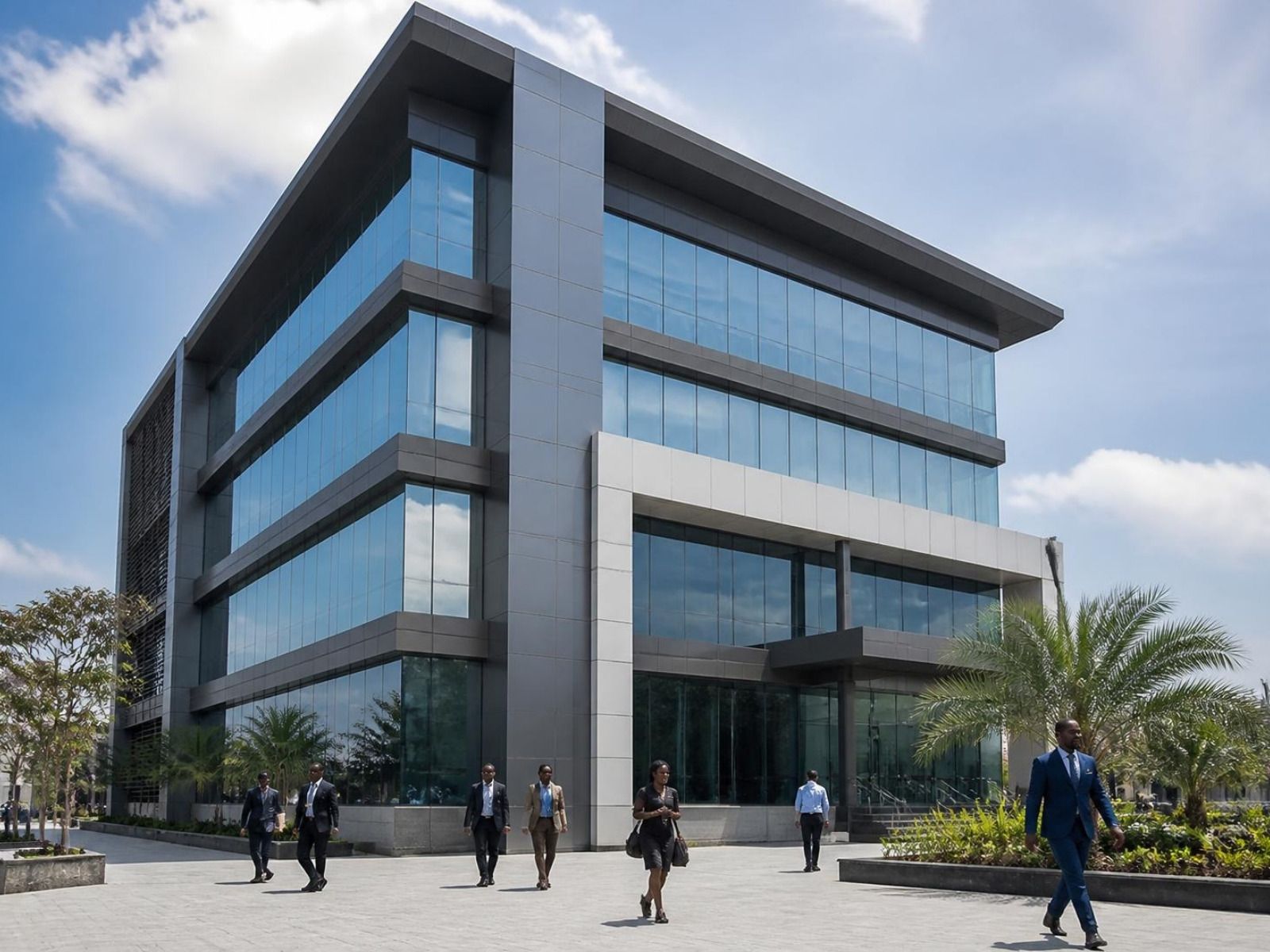 Completed glass and steel office building in Victoria Island