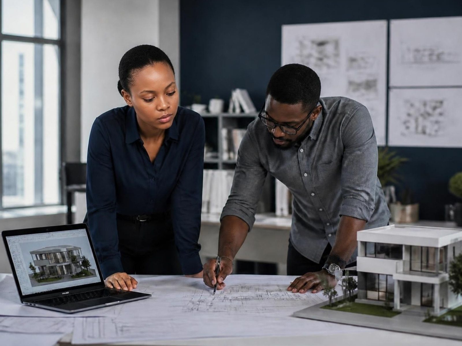 Architect and engineer reviewing floor plans beside a house model