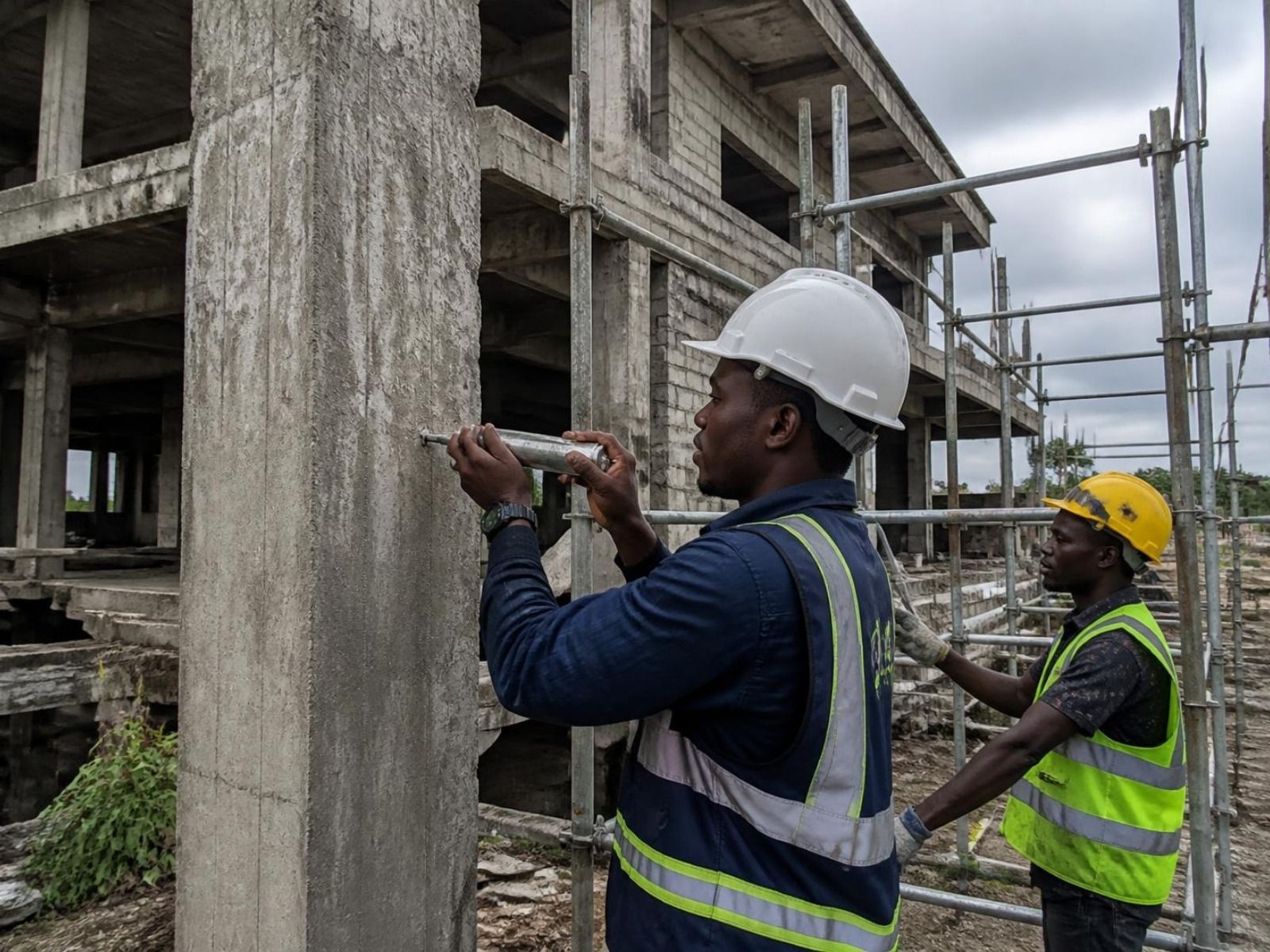 Engineer testing a concrete column on a stalled building before work resumes